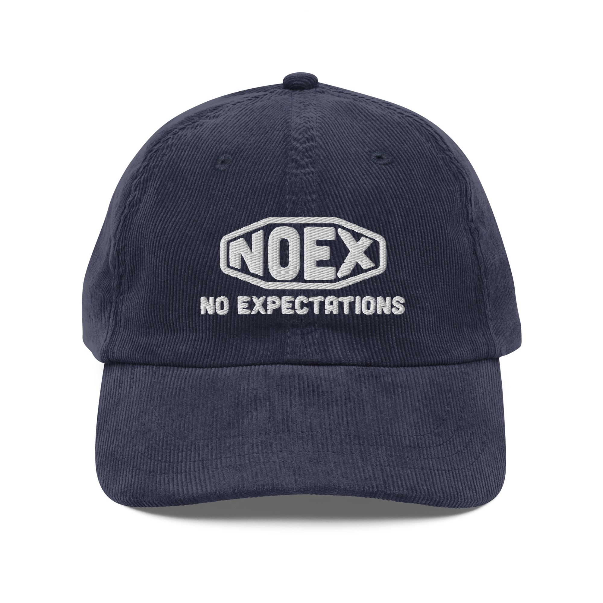 Unisex Embroidered Corduroy Hat featuring the No Expectations logo on the front, part of the No Expectations brand collection Navy